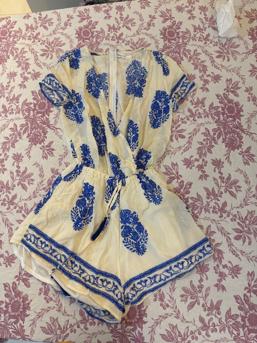 Reverse ivory Cream Romper with Royal Blue Floral Embroidery